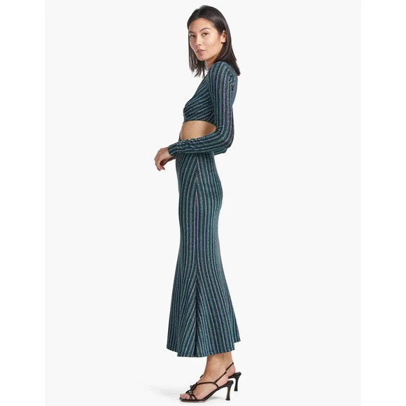 NWT $329 MISHA Despina Metallic Striped Cut-Out Midi Dress - Picture 2 of 9